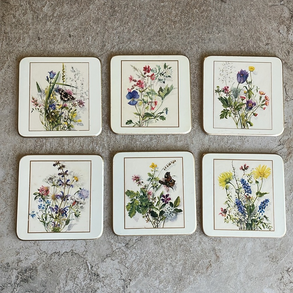 Floral Botanical butterfly vintage Coasters Set 6 wood gold cork made in England